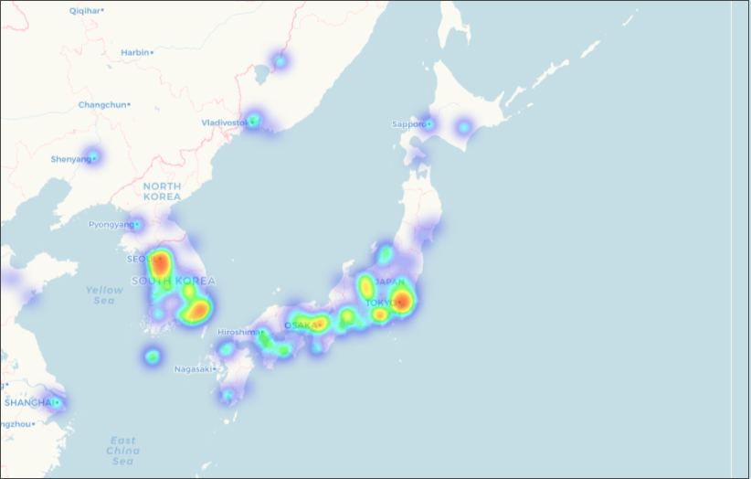 CoinMapに記載されているビットコイン取扱店舗のヒートマップ画像